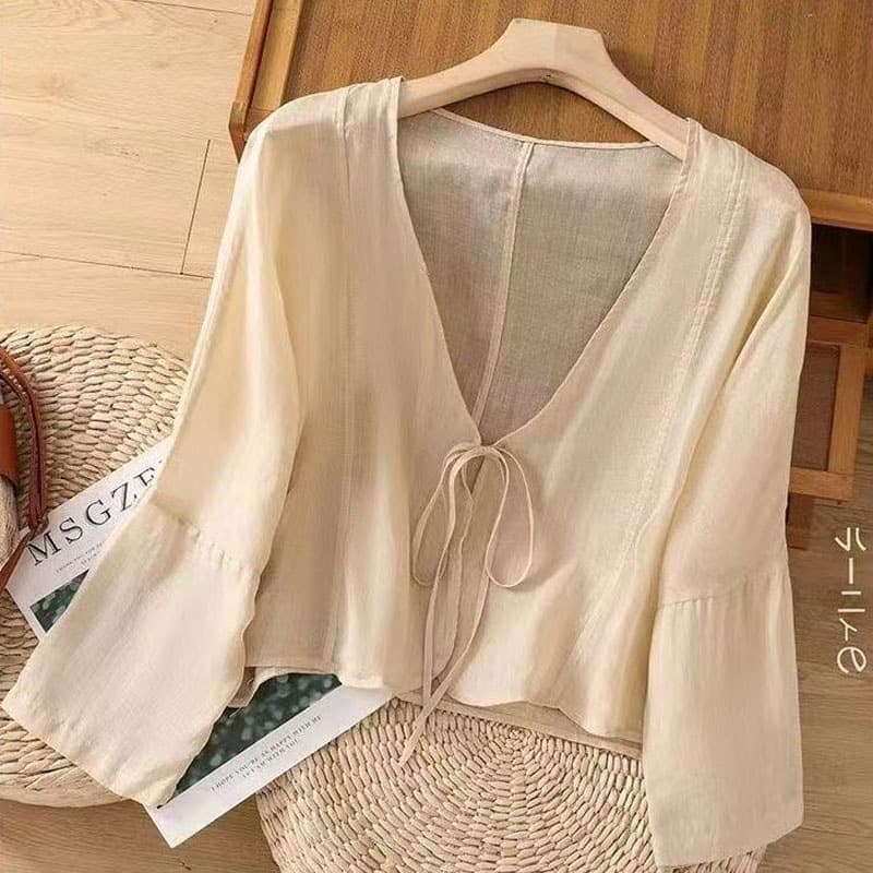 Chinese Style Cotton Linen Sun Protection Cardigan Loose Solid Color Artistic Summer Thin Tie Short Jacket Casual Top
