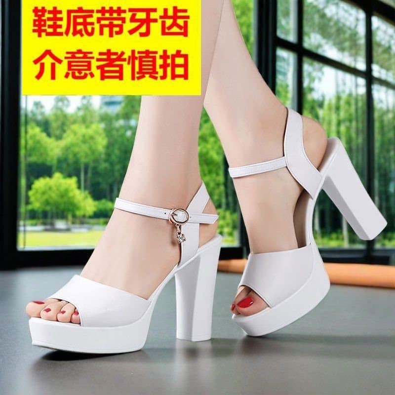 New White Soft Leather Chunky Heel Sandals Women's Summer Peep Toe High Heels Fashionable with Ruffle Edge