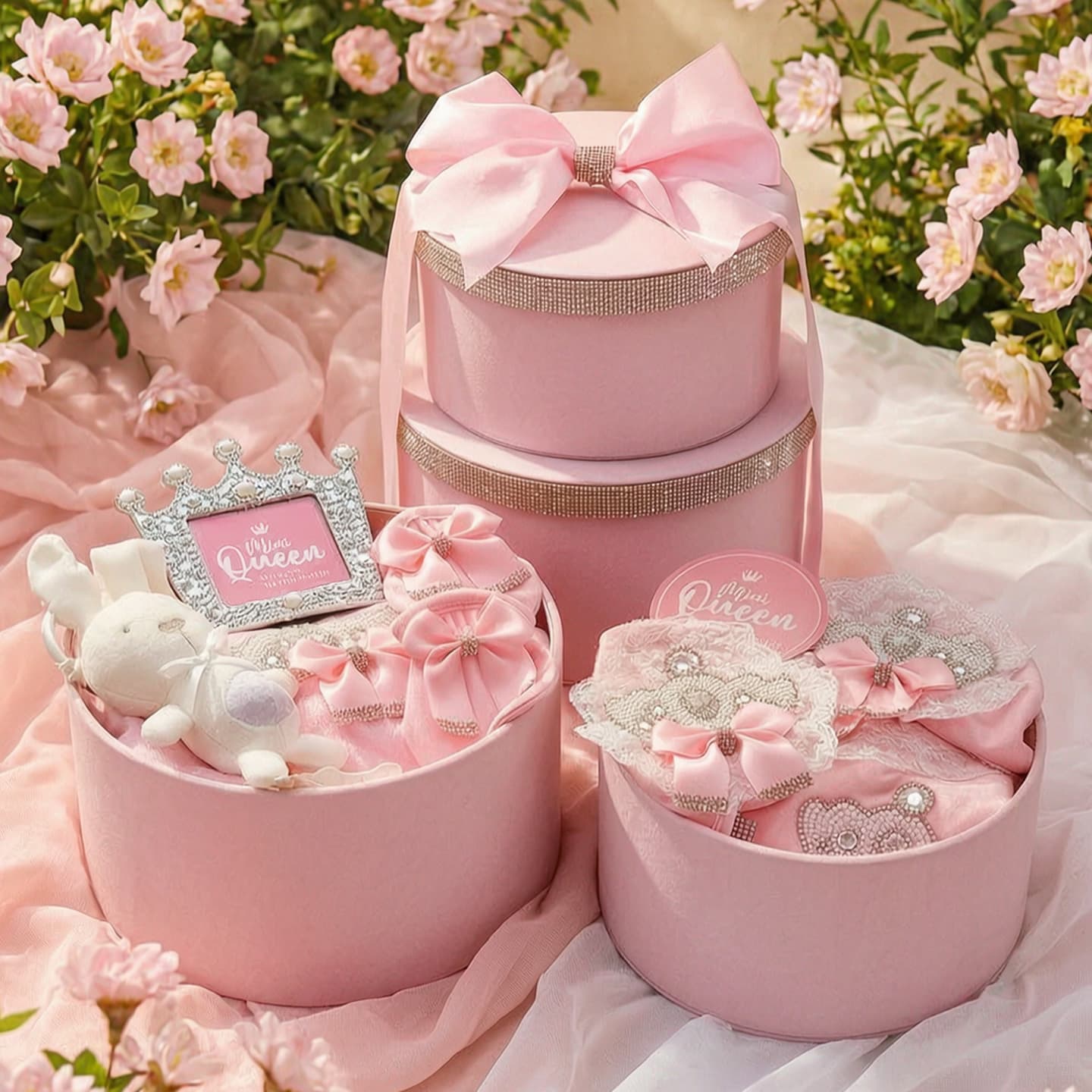 Newborn baby double-layered round gift box pink with diamond crown high-end cotton light luxury baby girl newborn meeting gift
