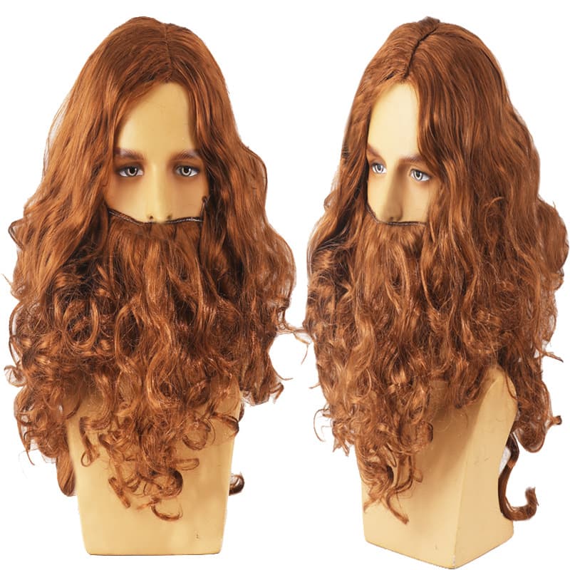 Halloween Jesus Wig Santa Style Long Curly Wig European and American Christmas Beard Brown Wig Head Set
