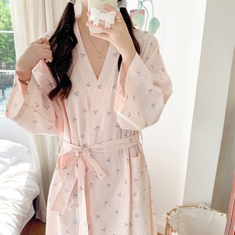 2025 Korean Autumn New Striped Cherry Nightgown Cute Bathrobe Long Pajamas Home Wear Women's Foreign Trade Wholesale