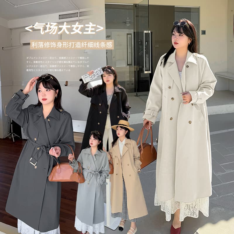 Yinuo Plus Size Women's Suit Collar Belted Long Trench Coat 2025 Autumn New Arrival Slimming Commuter Jacket 122057