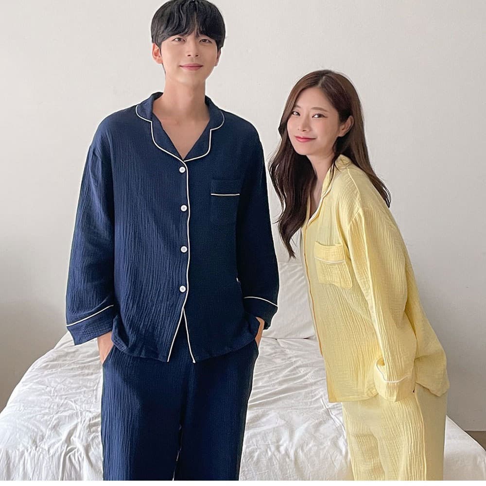 Couple Pajama Set Autumn Notch Lapel Cardigan Thin Long Sleeve Long Pants Two-Piece Homewear for Men and Women