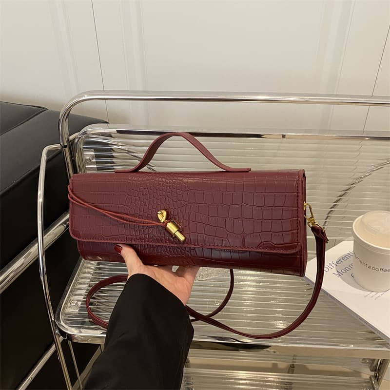 Cross-border Crocodile Texture Evening Bag Baguette Bag Side Lock Horizontal Handbag Shoulder Crossbody Bag Women's Bag New Fashion
