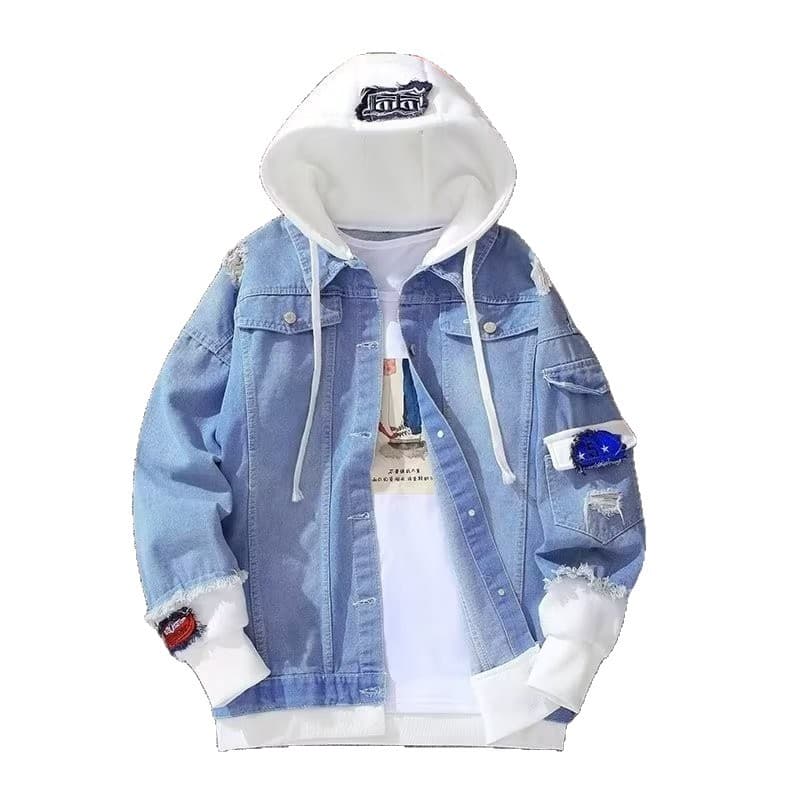 Spring and Autumn Patchwork Faux Two-Piece Denim Jacket for Men, Korean Trendy Versatile Loose Workwear Hooded Casual Coat