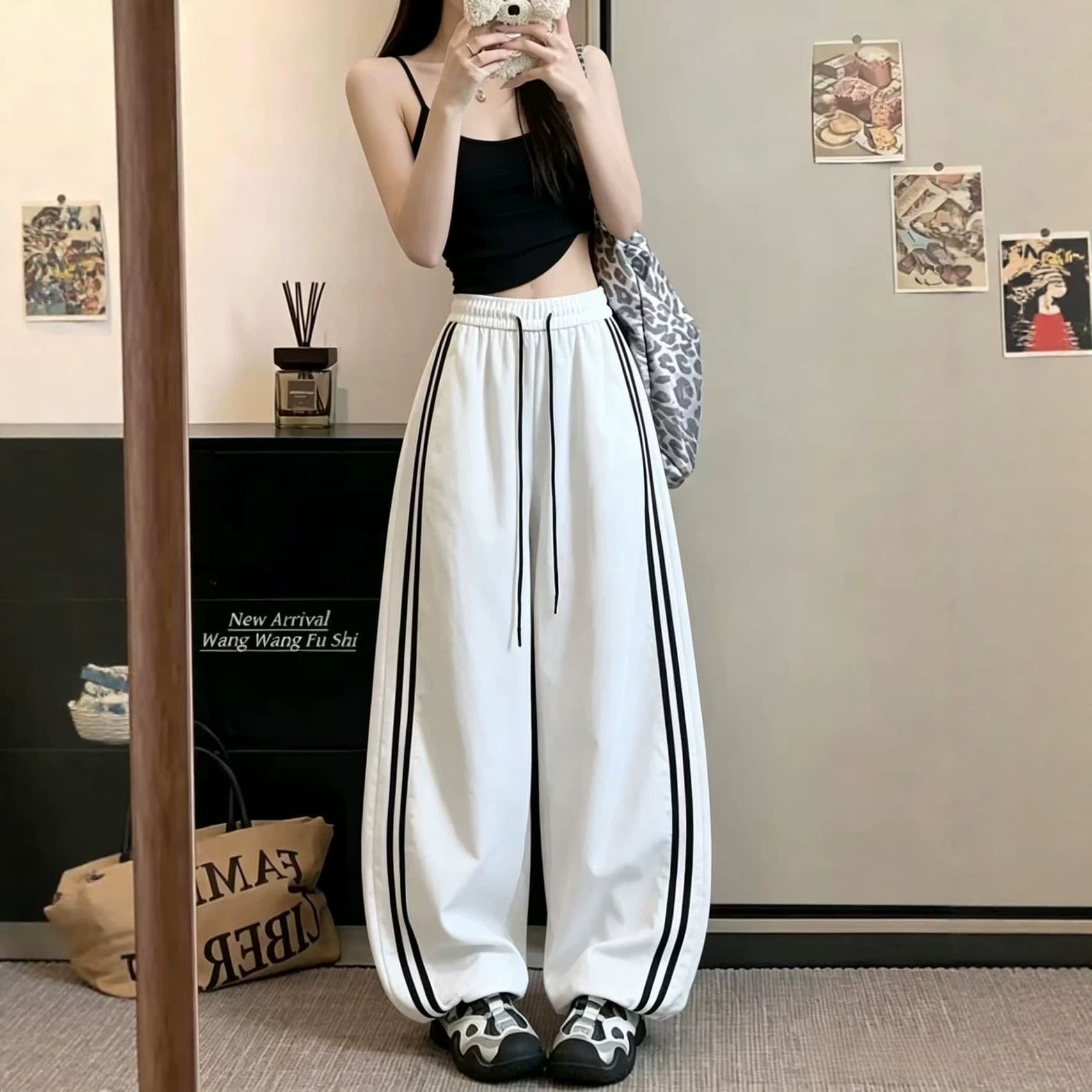 Color-Block Striped Quick-Dry Curved Cut Pants for Women Summer 2026 New High-Waist Loose Slimming Versatile Casual Wide-Leg Pants