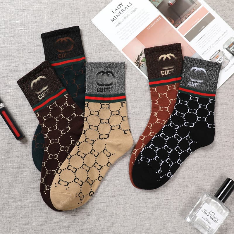Streetwear Brand Women's High-Tube Letter Double G Fashion Korean Style GG Gold Thread Ins Outer Wear Pure Cotton Korean Student Slouchy Socks