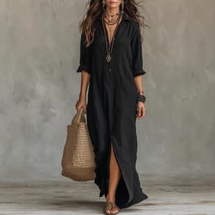 2026 Long Sleeve Slit Dress Women's Mid-Length Shirt Dress Solid Color Slimming Dress Beach Vacation Dress