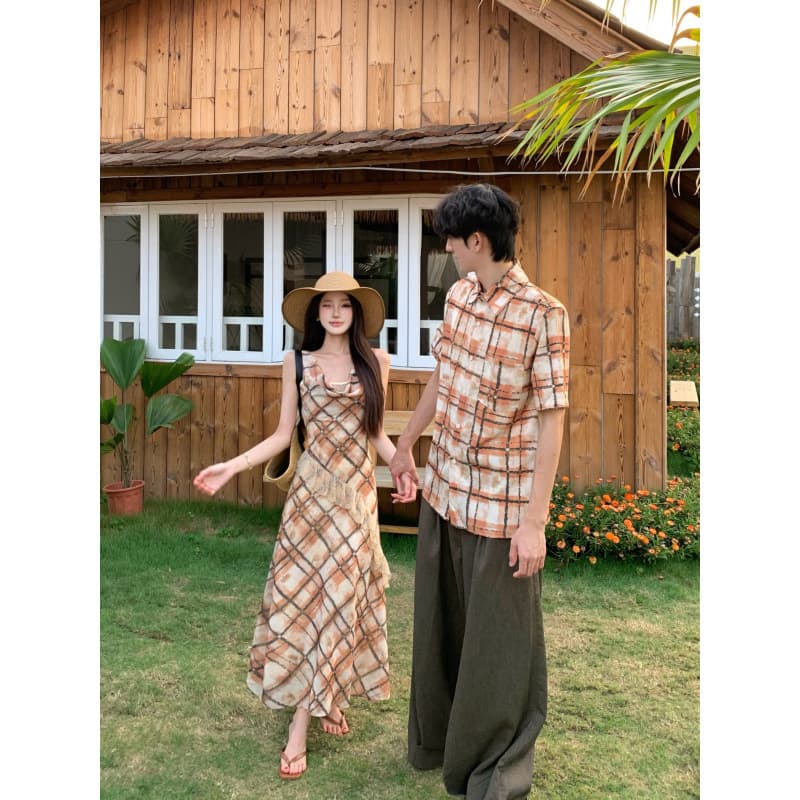 Bali Summer Beach Vacation Style Sleeveless Plaid Women's Slim Asymmetric One-Shoulder Couple Outfit