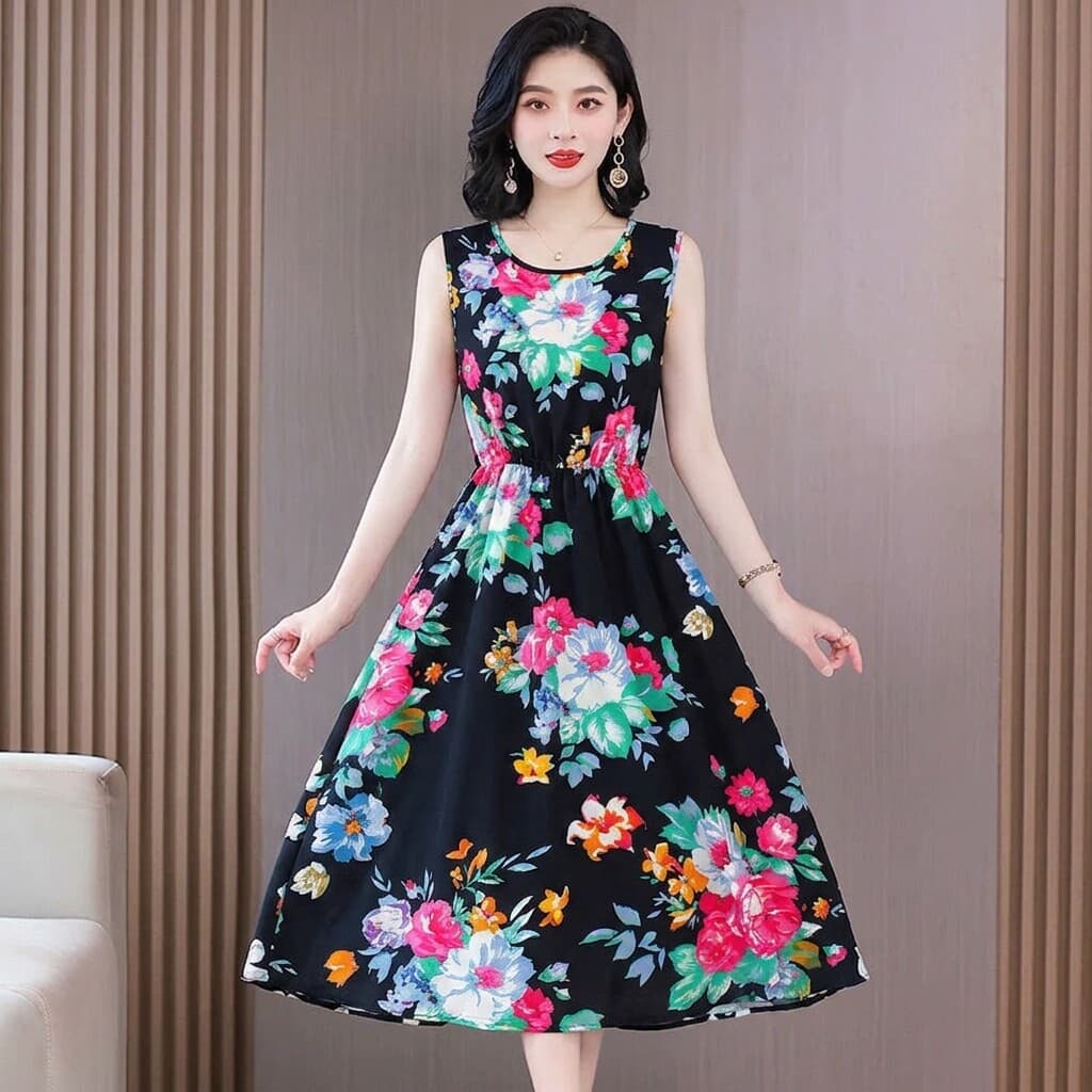 Clearance Sale~ High-end Sleeveless Floral Dress for Women, Summer Waist-Cinching Mid-Length, Age-Defying Fashionable Plus Size Dress