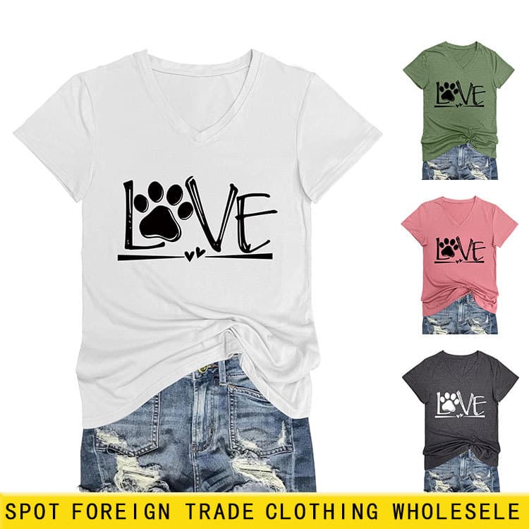 European and American Casual Love Hollow Letter V-Neck Short-Sleeve Distinctive Footprint Love Casual Summer Comfortable T-Shirt Women's Top
