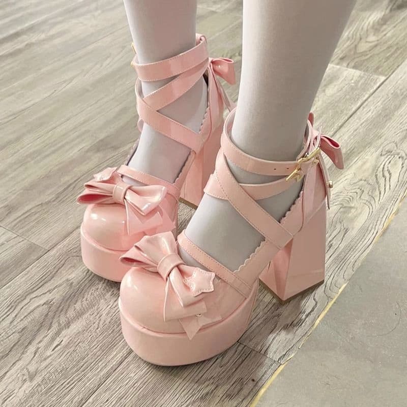 Lolita Shoes Mary Jane Chunky Heel Platform Lace-up Bow Sweet Princess Shoes