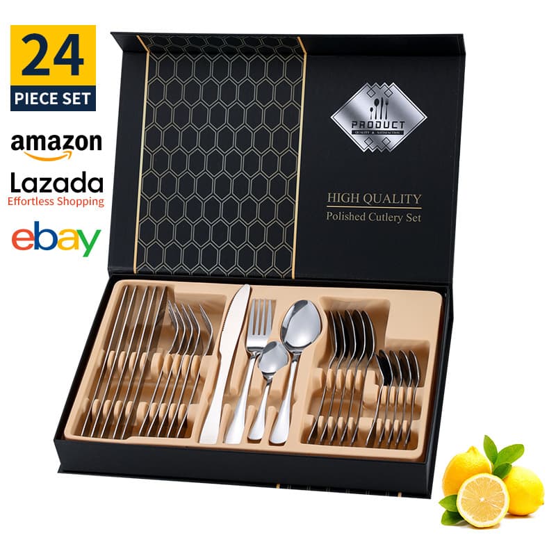Cross-border Amazon 1010 Stainless Steel Cutlery 24-Piece Gift Box Set, Western Steak Knife Fork Spoon Utensils