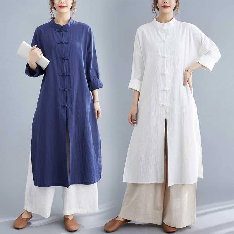 Real Shot 2024 Chinese Tai Chi Uniform Practice Zen Attire Cultivation Garment Mid-Length Tea Practitioner Robe