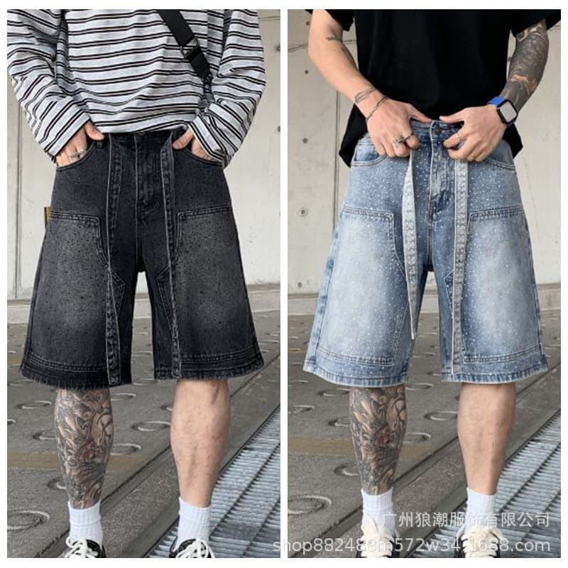 Cross-border wholesale laser-cut denim shorts for men, washed distressed denim jeans, retro loose straight leg pants, relaxed style.