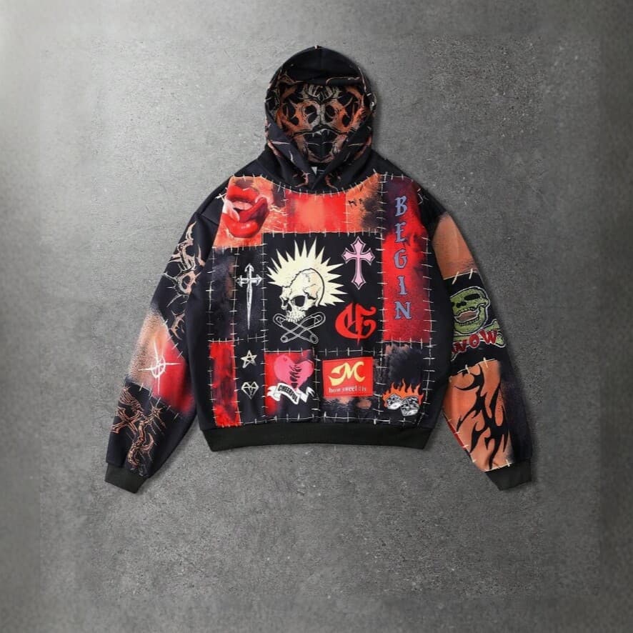 Cross-border Europe and America Men's Dark Patchwork Print Hoodie Gothic Yabi Style Streetwear Trendy Brand Men's Jacket
