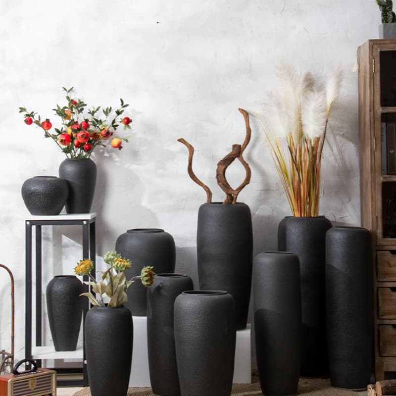 Jingdezhen floor vase black rough pottery jar hotel guesthouse living room decoration high-end minimalist modern decor