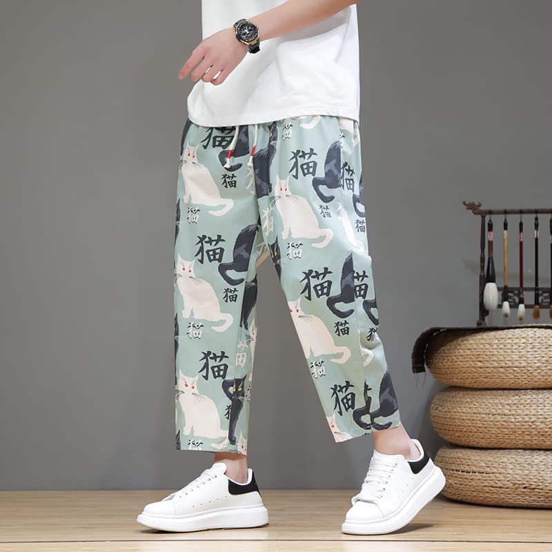 Summer Japanese Style 9/10 Length Cargo Casual Harem Pants with Chinese Elements Hip Hop Streetwear
