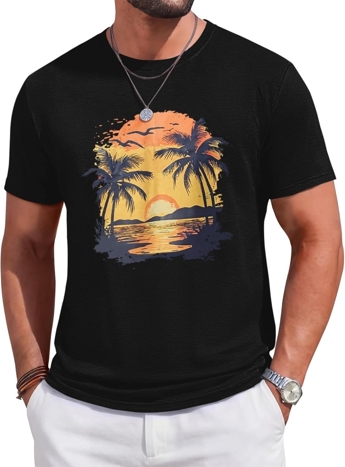 Cross-border European Size Men's Short Sleeve T-Shirt Round Neck Casual Patterned Shirt Summer Beach Palm Tree Sunset Print