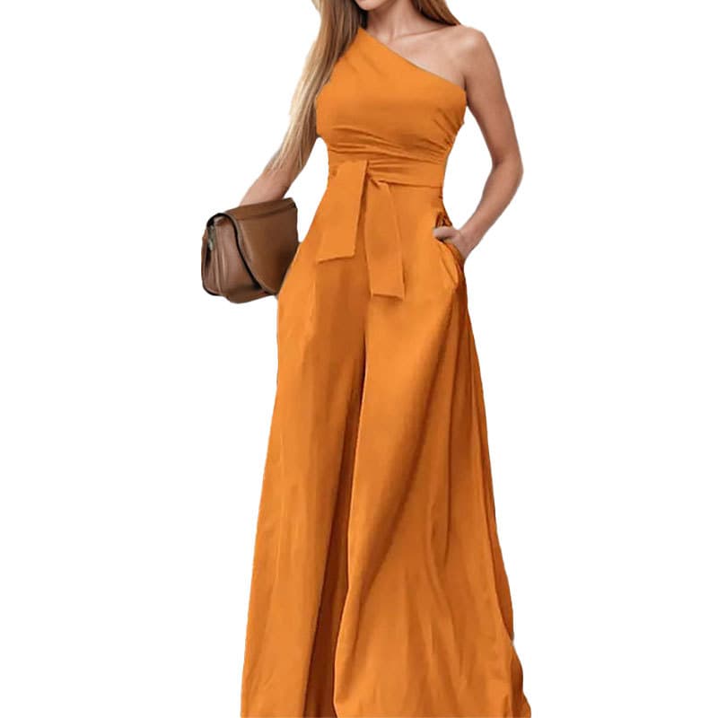 2026 New Summer Women's Clothing Amazon Cross-Border Jumpsuit Office Solid Color Off-Shoulder Tie Strap Straight-Leg Jumpsuit