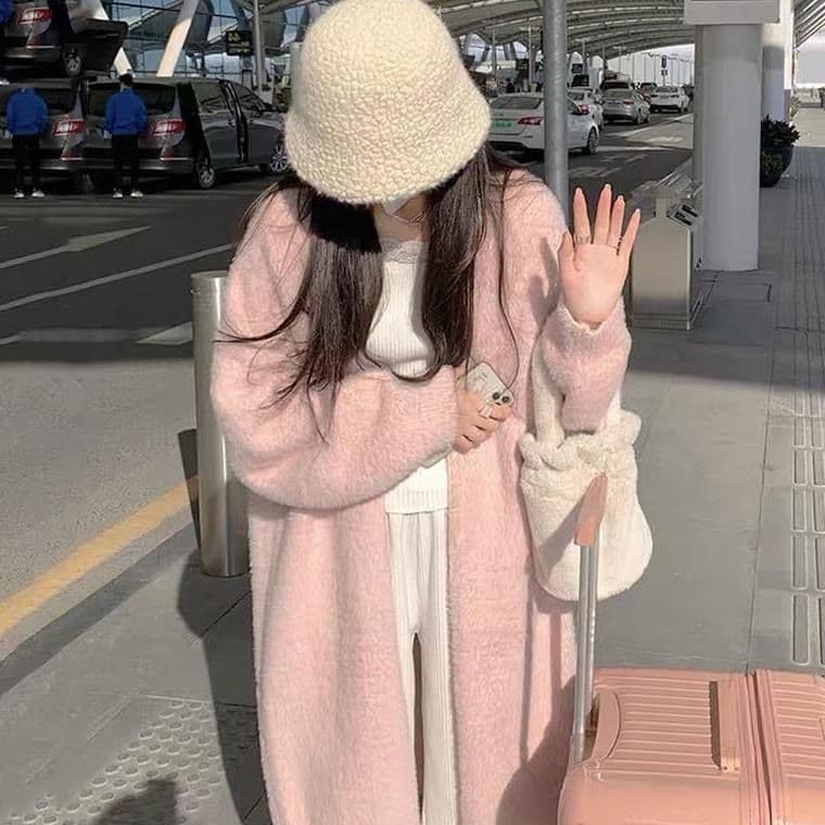 2025 Spring Autumn Lazy Loose Over-the-Knee Mid-Length Thickened Pure Desire Faux Mink Velvet Knitted Sweater Cardigan Jacket for Women