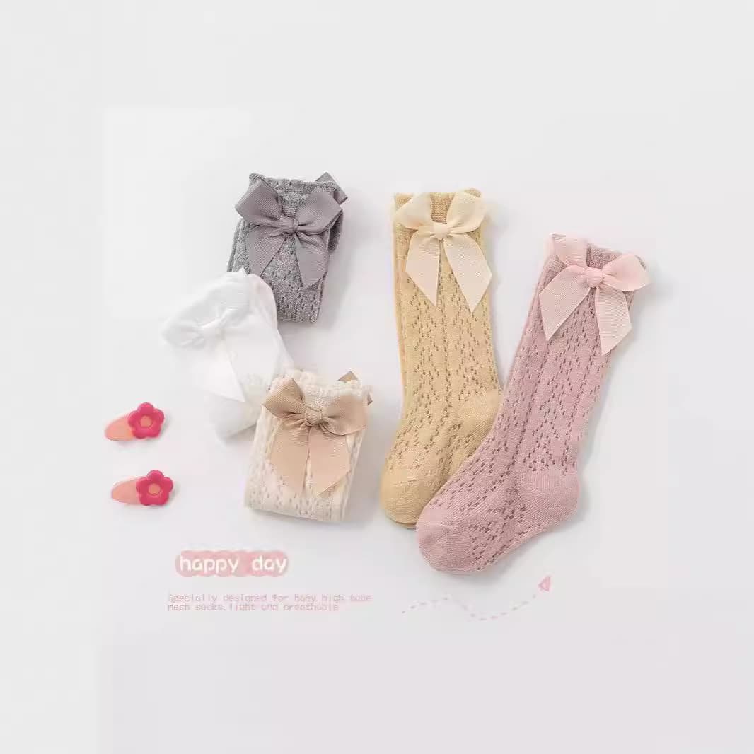 Baby socks, summer mesh socks, tall bow princess socks, baby spring and summer long children's anti-mosquito socks, loose mouth