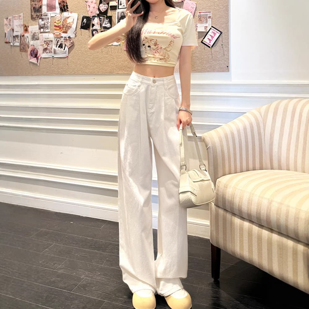 White high-waist pleated wide-leg jeans for women 2024 early autumn new loose drape pants loose bf lazy style