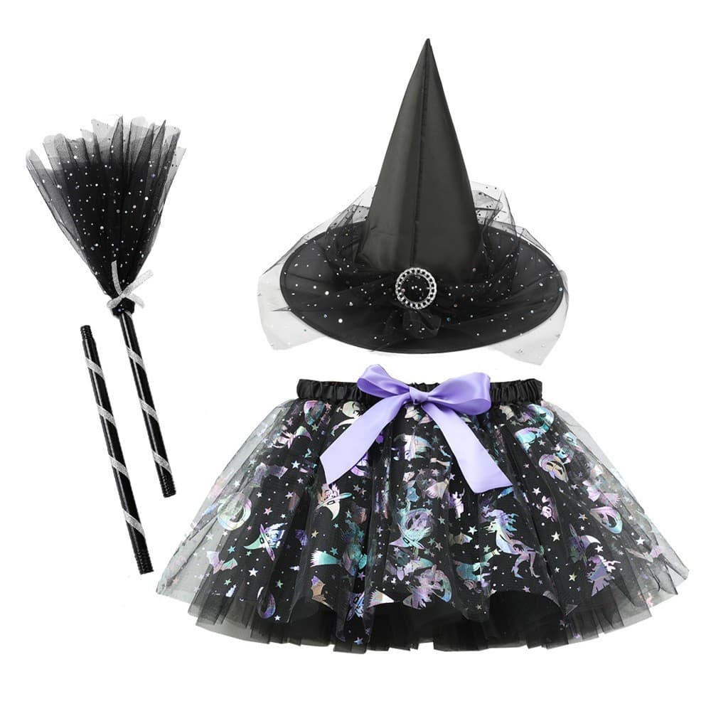Halloween witch outfit with bat, pumpkin, broom, and skirt - European and American role-playing cosplay girls' clothing