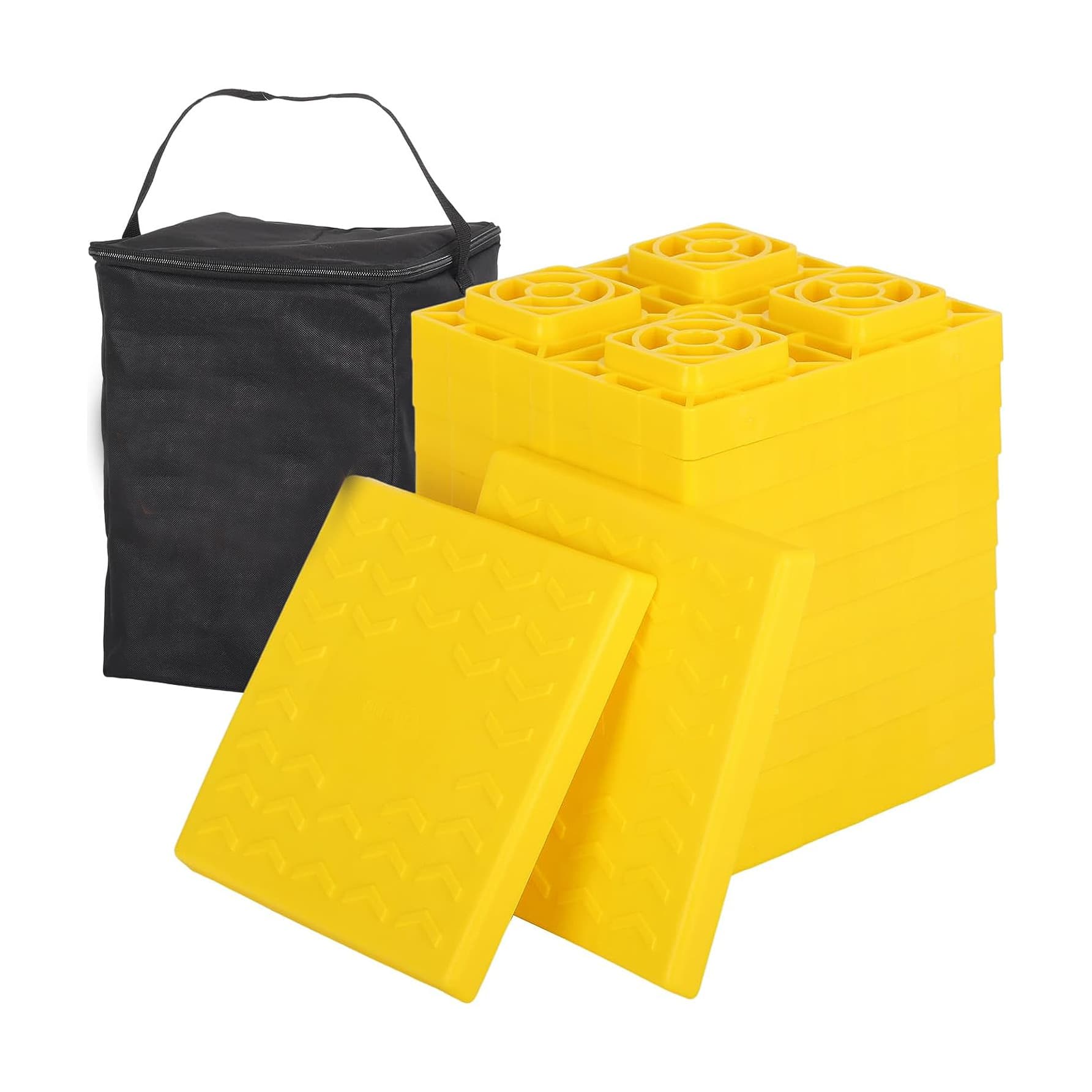 12-piece RV leveling block set for camping trailers, stackable jack pads with carrying bag for RVs.
