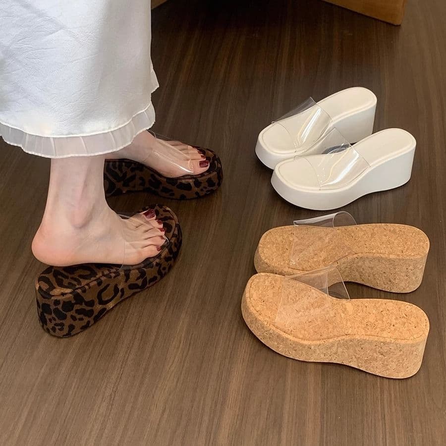 Leopard Print Platform Slides for Women Summer New Style Fairy Transparent Strap Sandals Elevated Wedge High Heel