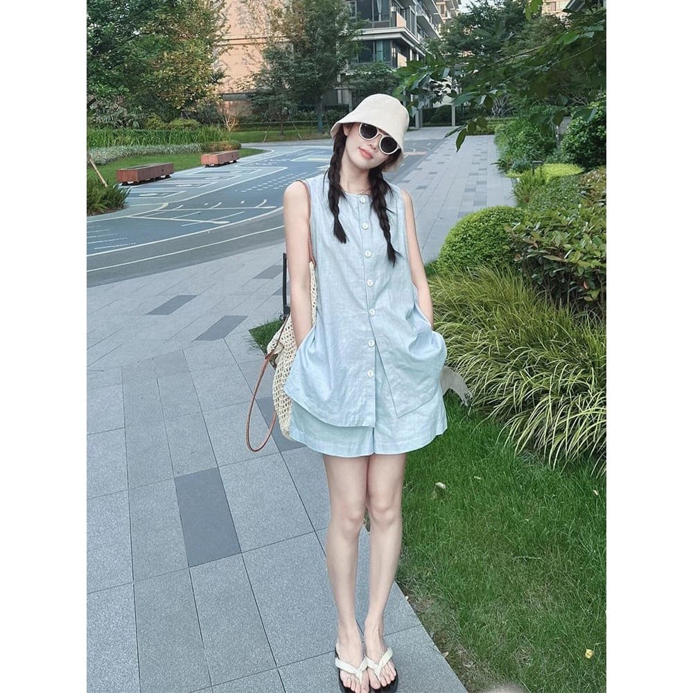 Women's Summer Korean Style Sleeveless Vest and Elastic Waist Shorts Two-Piece Set