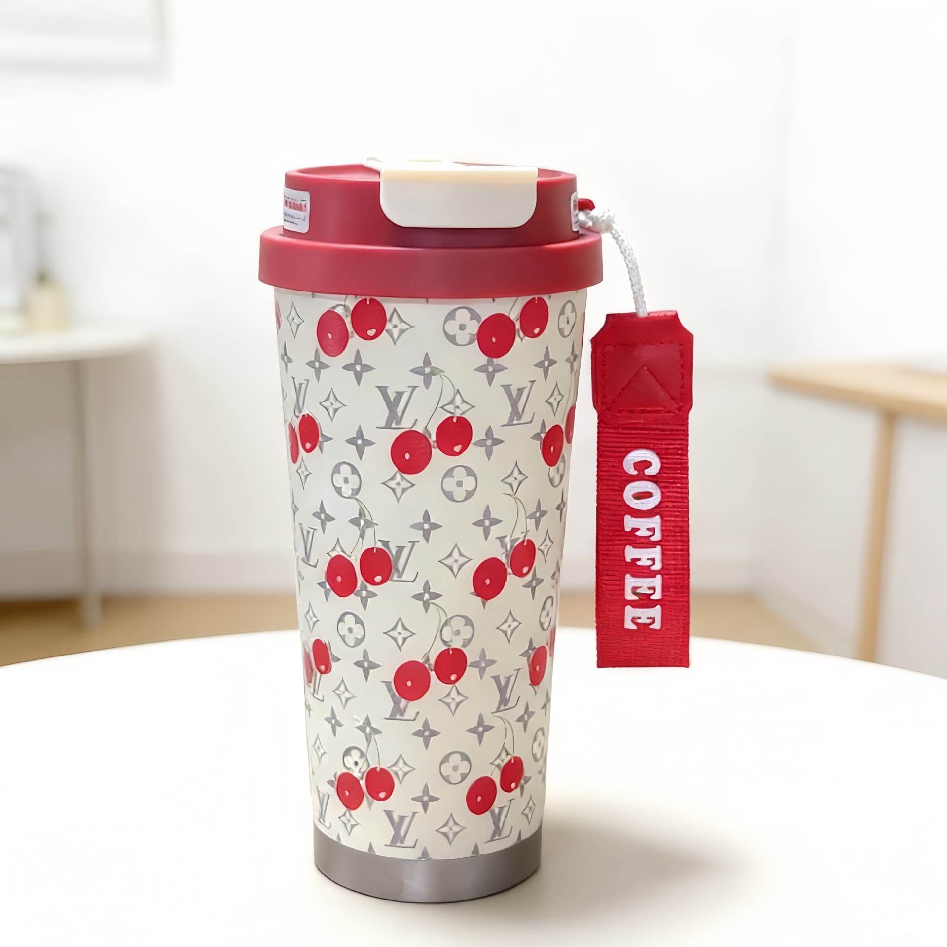 High-Quality Cherry Print Insulated Mug, Luxury Portable Coffee Cup, 316 Stainless Steel Car Cup