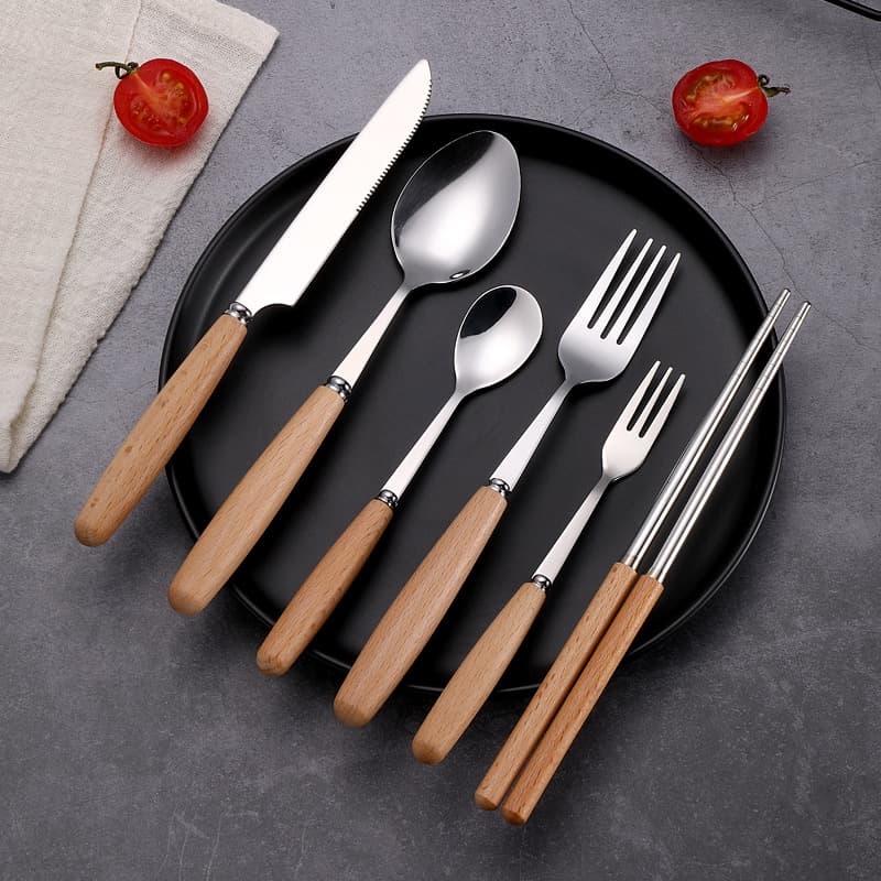 Stainless steel portable cutlery set wholesale, student chopsticks and spoon three-piece set, creative Japanese style wooden handle knife, chopsticks, fork and spoon