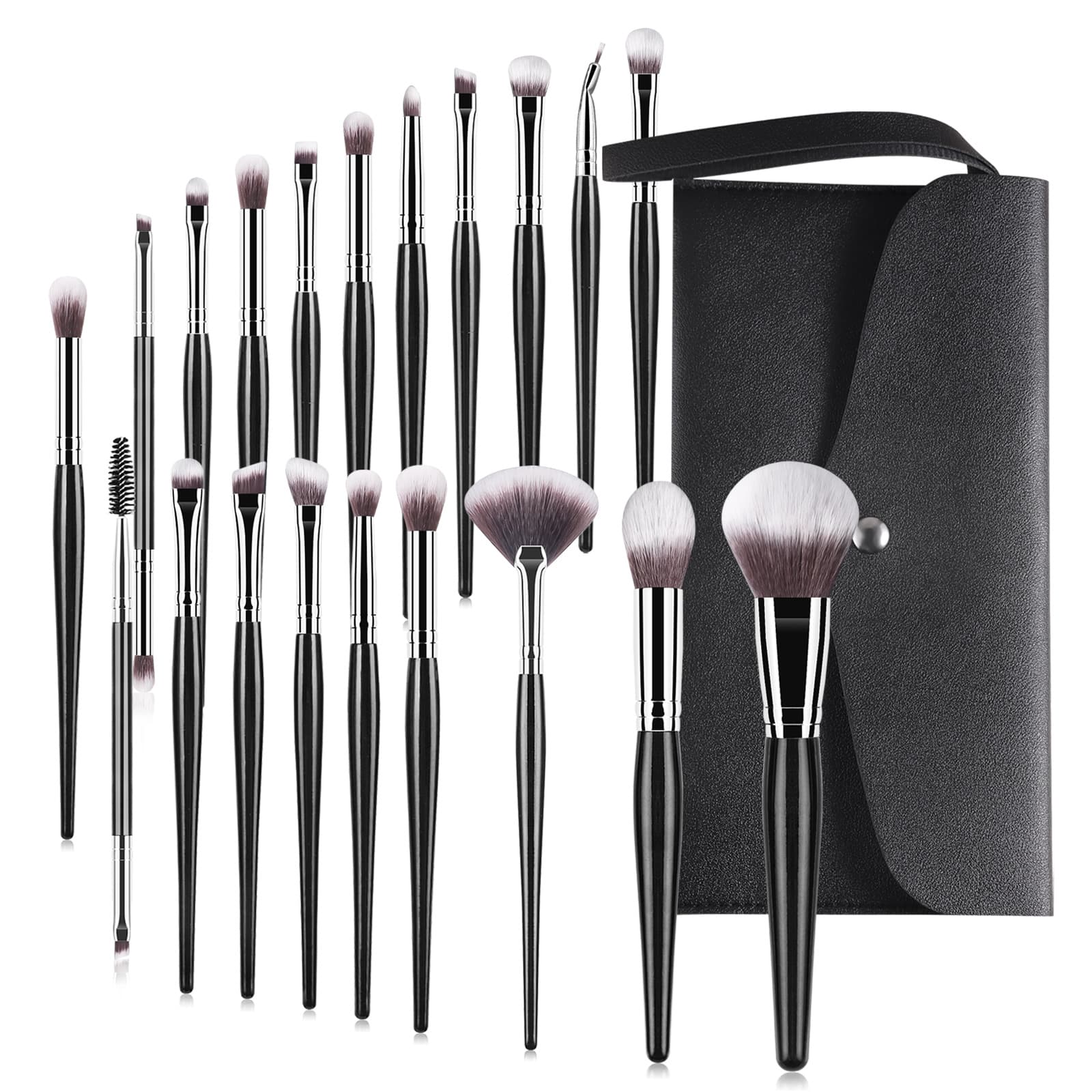 20 black silver tube makeup brushes with leather storage bag set, loose powder brush, fan-shaped blush, foundation, eye shadow and eyebrow brush