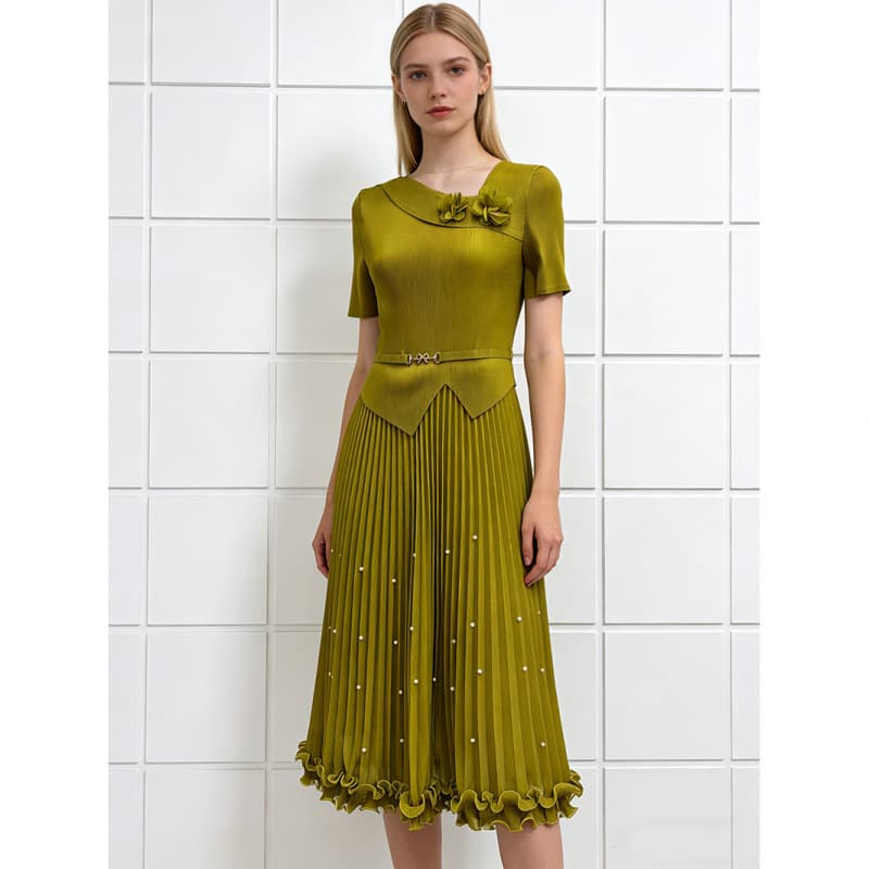 Miyake Foreign Trade Pleated Flower Studded Small Fragrance Style Ruffle Folded Tie Waist Dress French Elegant Pleated Skirt