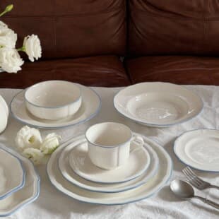 French Hand-Painted Blue Rim Ceramic Tableware Set - Dinner Plate, Dessert Plate, Rice Bowl, Coffee Cup & Saucer, Soup Plate, Oval Platter