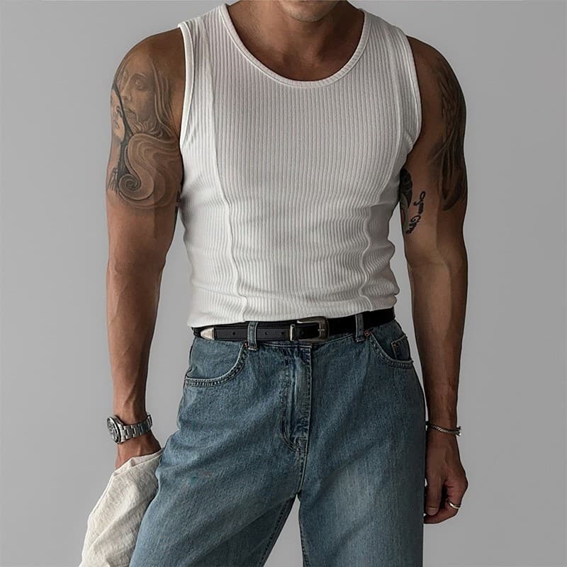 American Vertical Ribbed Slim Fit Muscle Vest for Men Summer Fitness Sports Sleeveless Tank Top T-Shirt Undershirt
