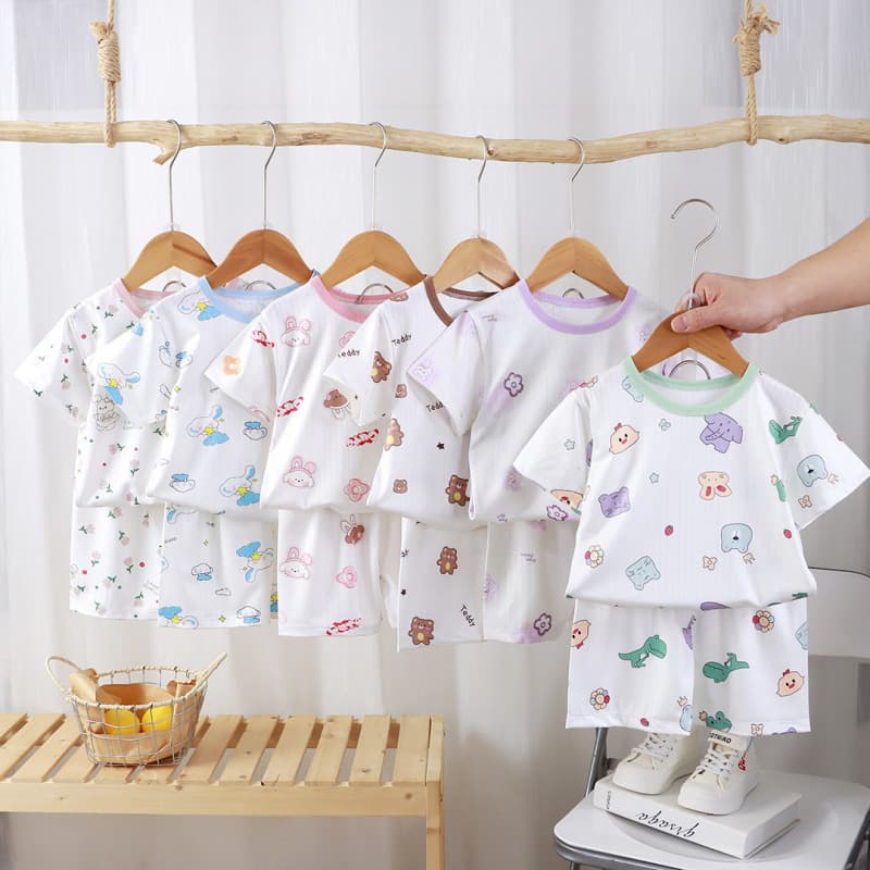 Children's Short-Sleeve Pajama Sets for Boys and Girls, Lightweight Air Conditioning Wear, Short-Sleeve Shorts Two-Piece Home Clothing