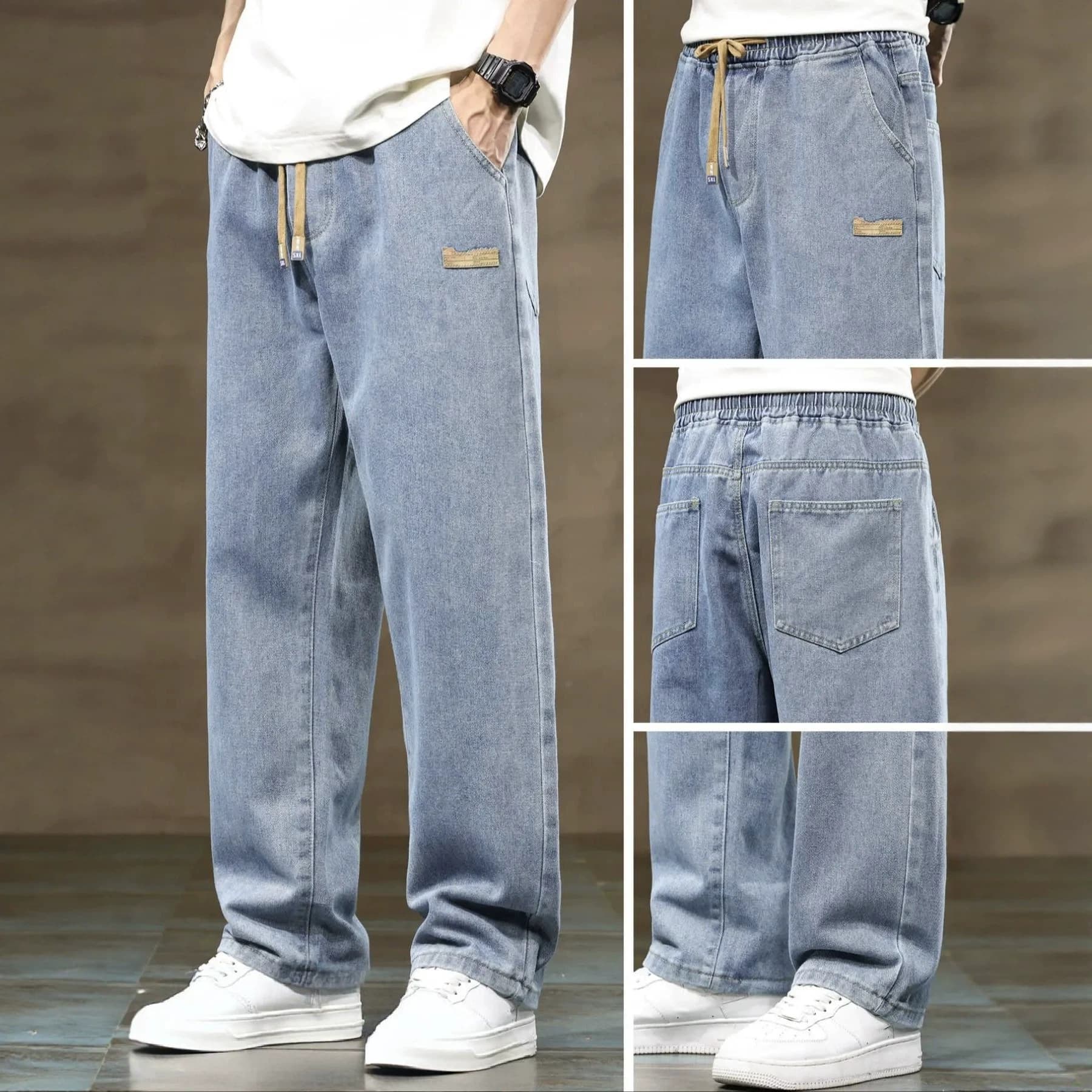 Cross-border American-style Men's Jeans High-end Fashion Simple Straight Loose Drawstring Elastic Waist Washed Long Pants