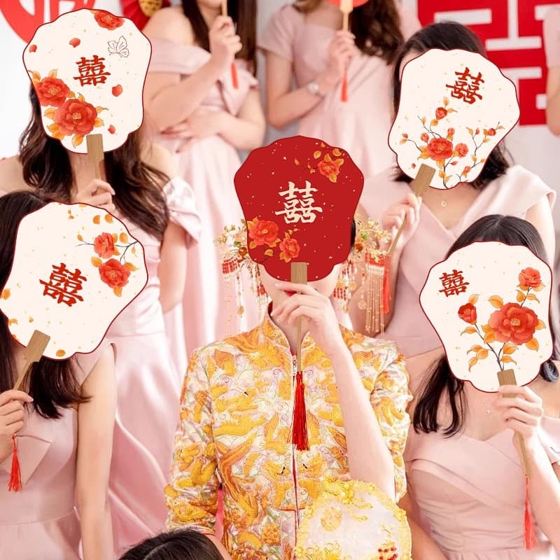 Wedding Bridesmaid Hand Fans, Traditional Chinese Paper Fans for Photo Props, Gate-Crashing Morning Robe Shooting Sister Squad "Double Happiness" Fans