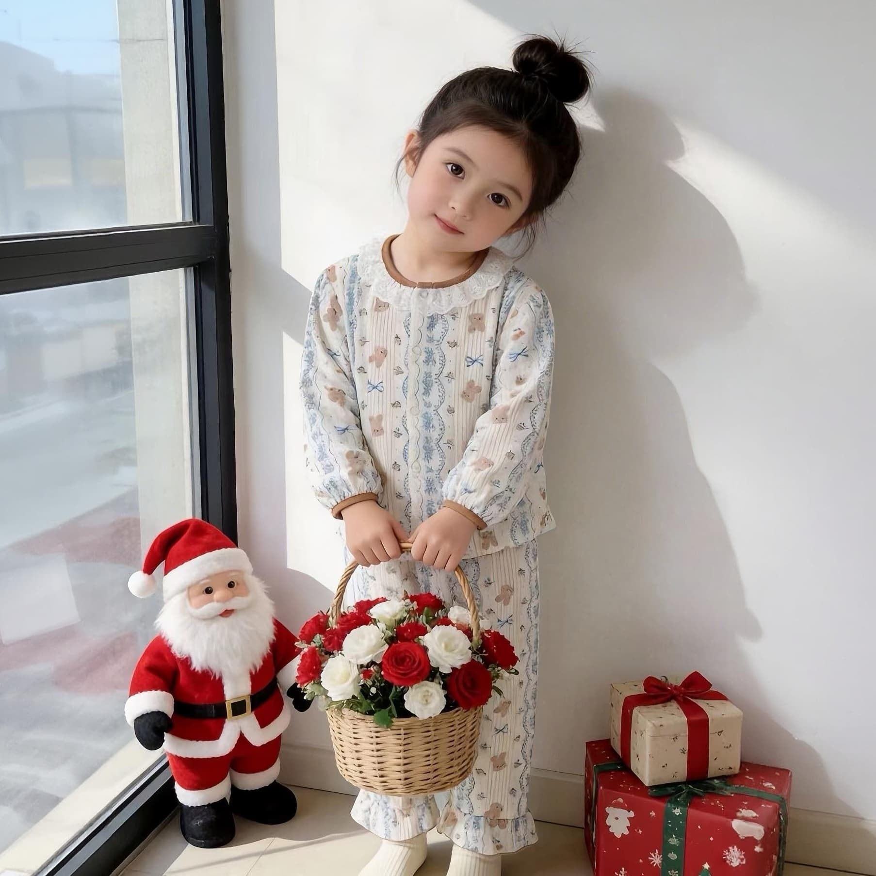 Children's Homewear Summer Thin Cloud Cotton Three-Quarter Sleeve Pajamas for Baby Girls, Loose and Breathable Anti-Static Air Conditioning Wear