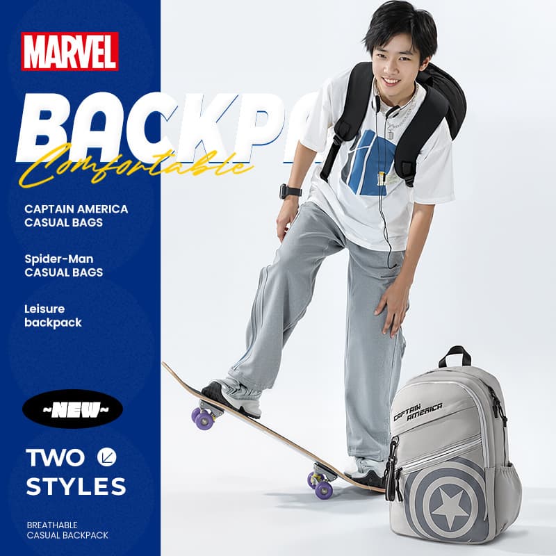 Disney Marvel Men's Backpack Large Capacity Simple Middle School and High School Trendy College Student School Bag Captain America Travel Backpack