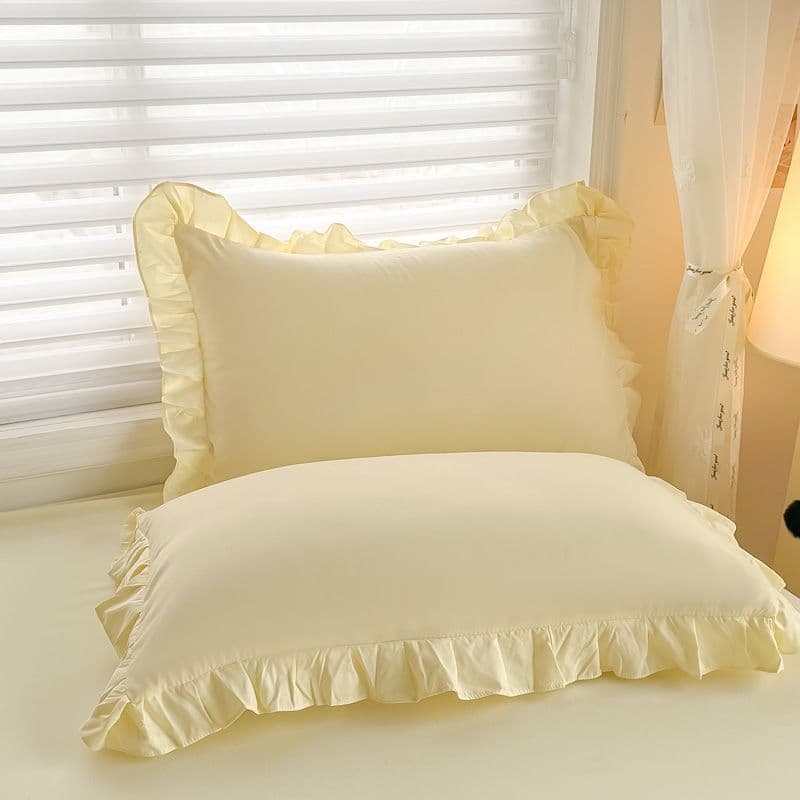 Korean Style Solid Color Pillowcase with Lace 48X74 Princess Ruffle Edge Pair of Pillowcases, 2-Pack Single Person Pillowcase