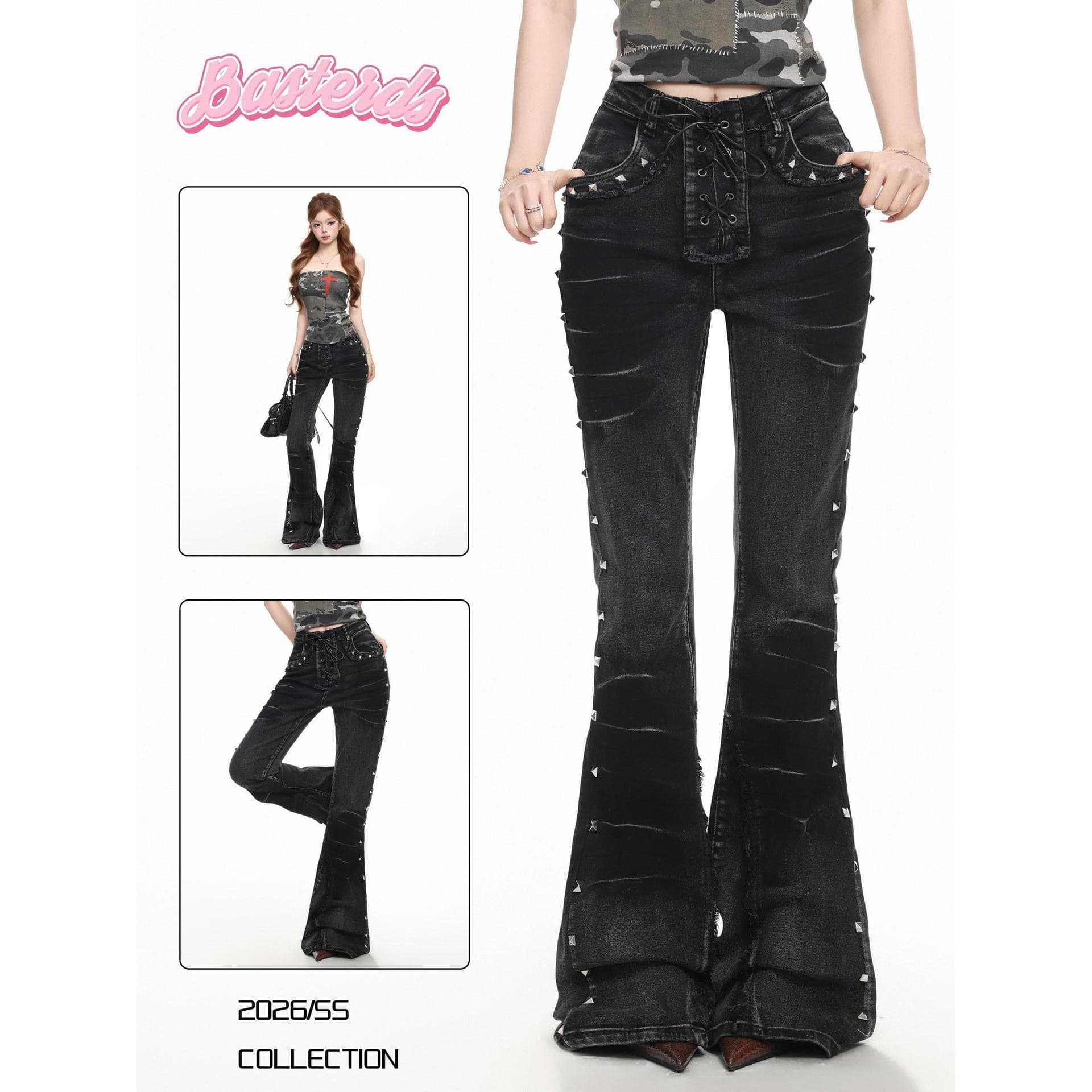 Retro washed bootcut jeans for men and women, new hot girl slim fit straps and rivet design trousers