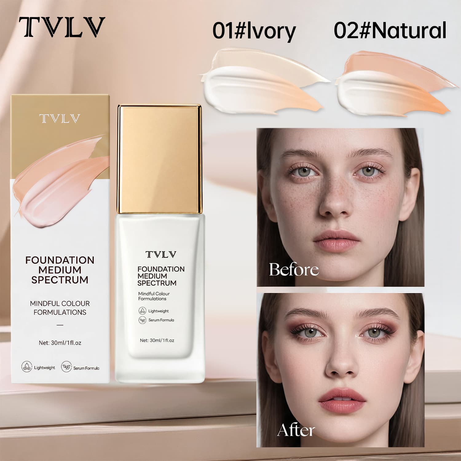 Cross-border exclusive for TVLV medium-band color-changing liquid foundation, two-color optional, light texture, high coverage, non-stick powder