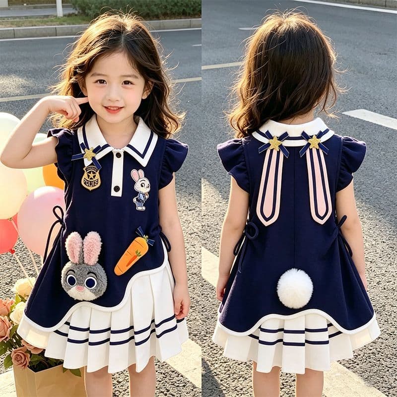 Girls' Summer School Style Dress 2026 New Baby Rabbit Officer Polo Dress Children's Summer Pleated Skirt
