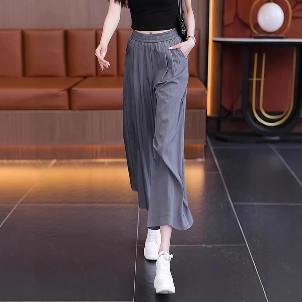 Ice Silk Capri Wide Leg Pants for Women Summer Thin 2026 New High Waist Draping Loose Lazy Style Elegant Pants