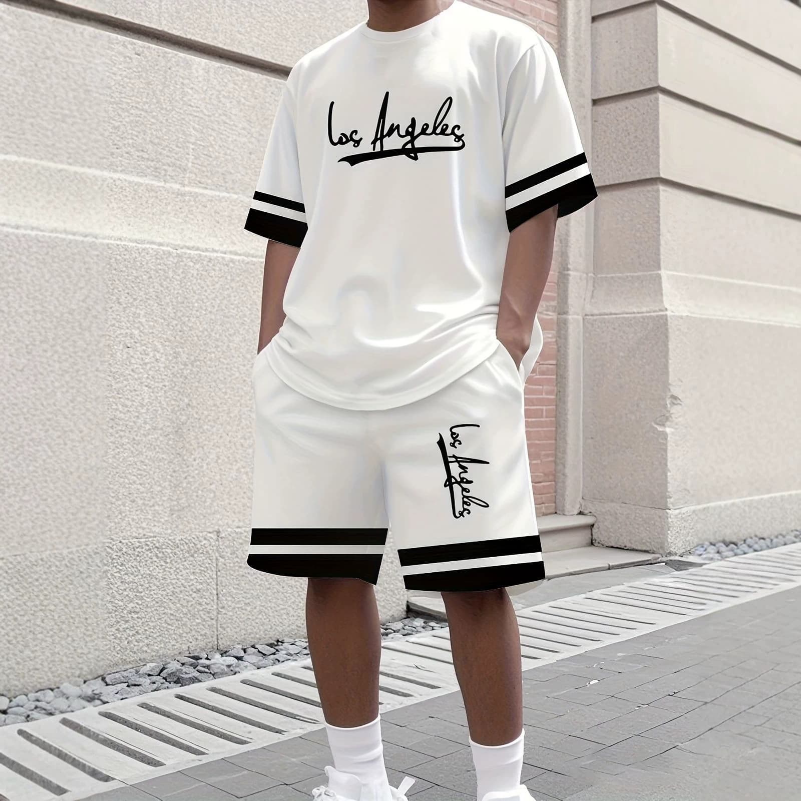 Summer new horizontal striped short-sleeved shorts suit for men, loose, breathable, daily casual two-piece set