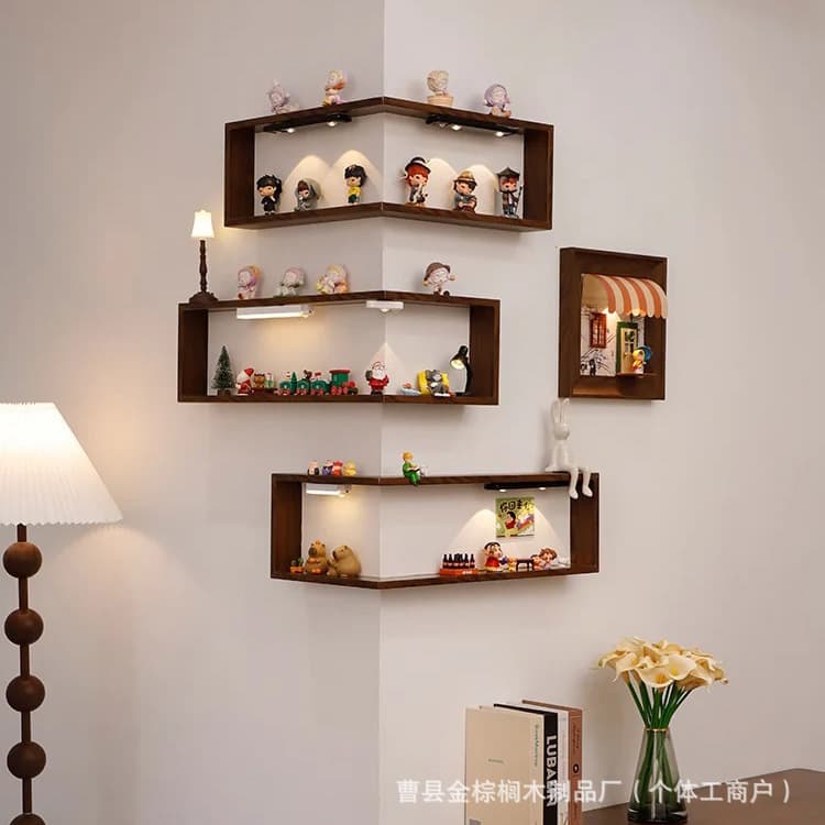 Household Wooden Corner Shelf on the Wall 90 ° Corner Storage Rack Hanging Wall Decoration Rack Lighting Wall Rack
