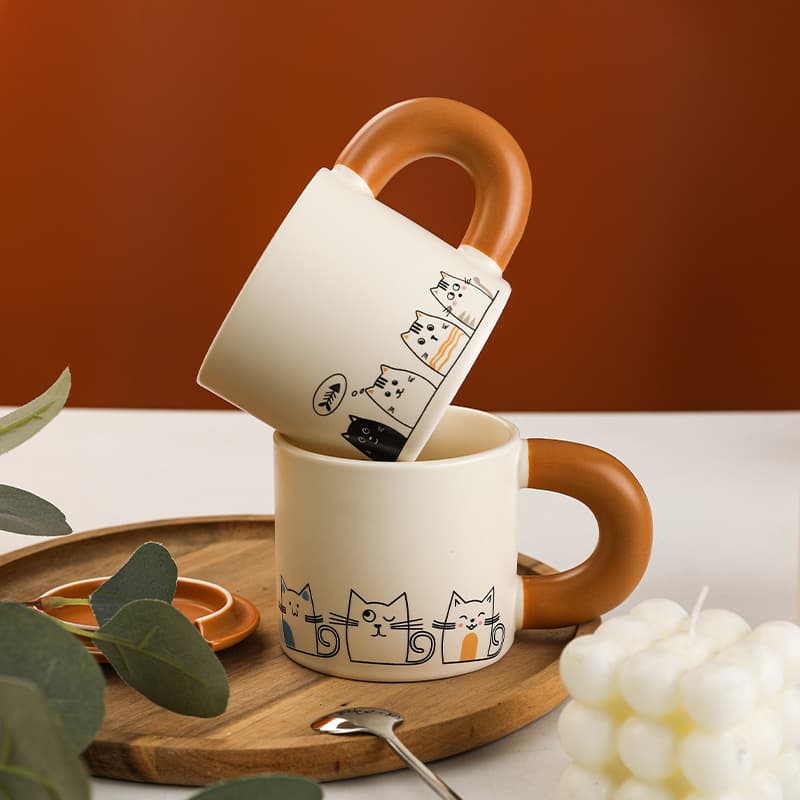Cartoon Ceramic Mug with Lid and Spoon, Stylish Couple Water Cup, Office Drinking Cup, Gift Box